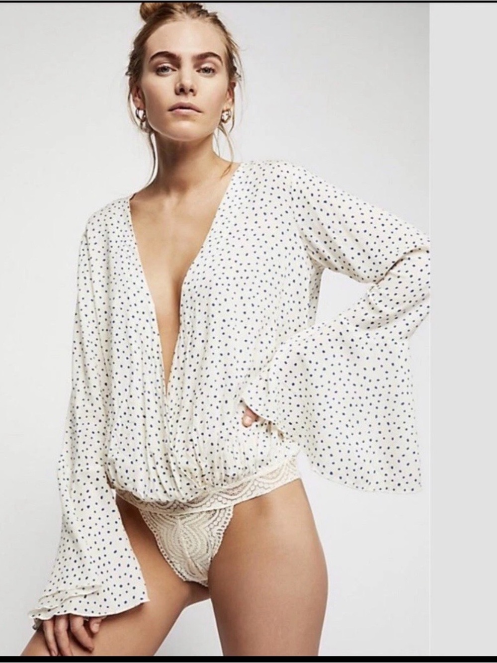 Intimately by Free People Making Waves Polka Dot Plunge Wrap Bodysuit - ivory